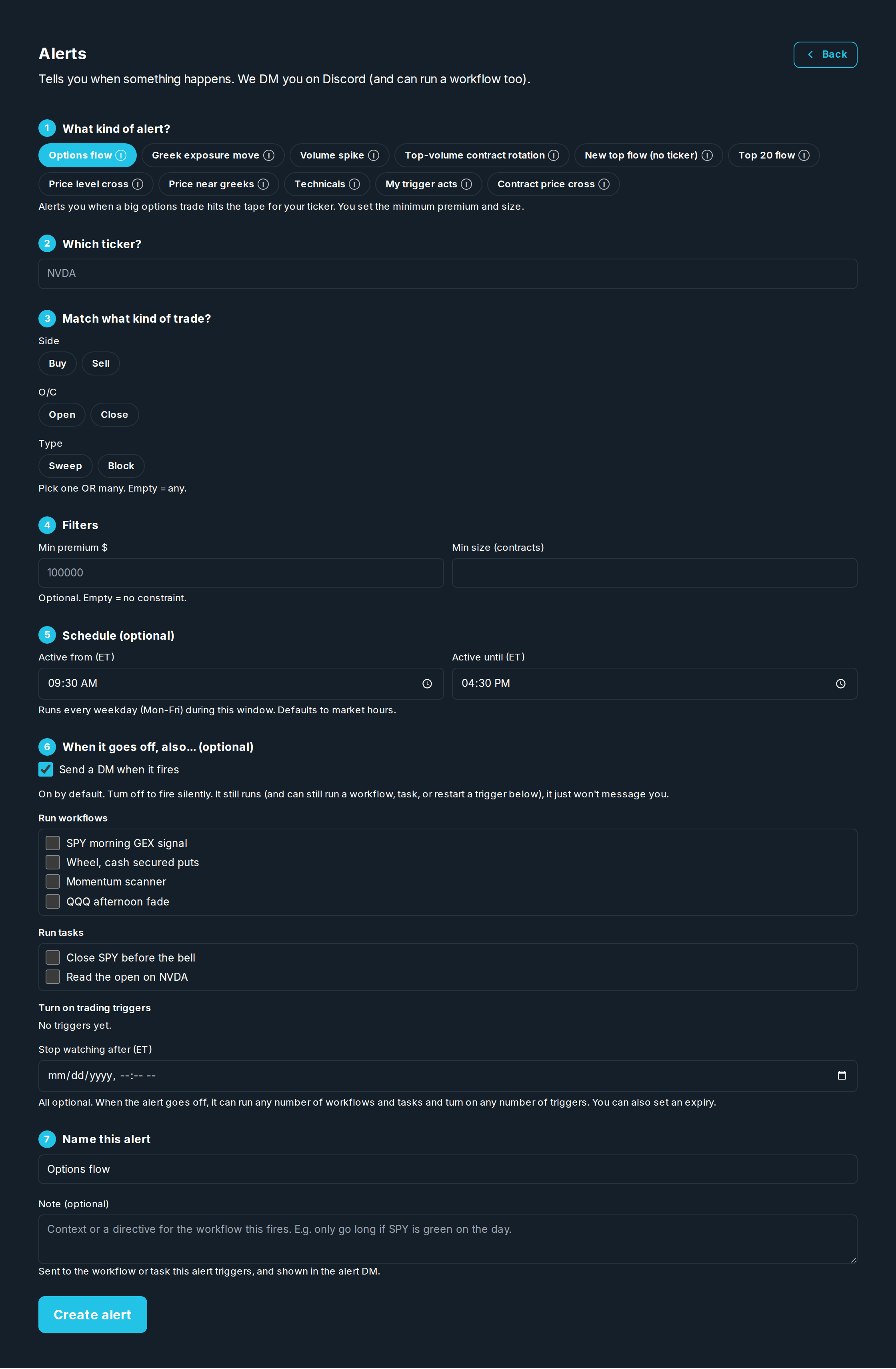 The alert builder: kind, stock, what to match, filters, and window