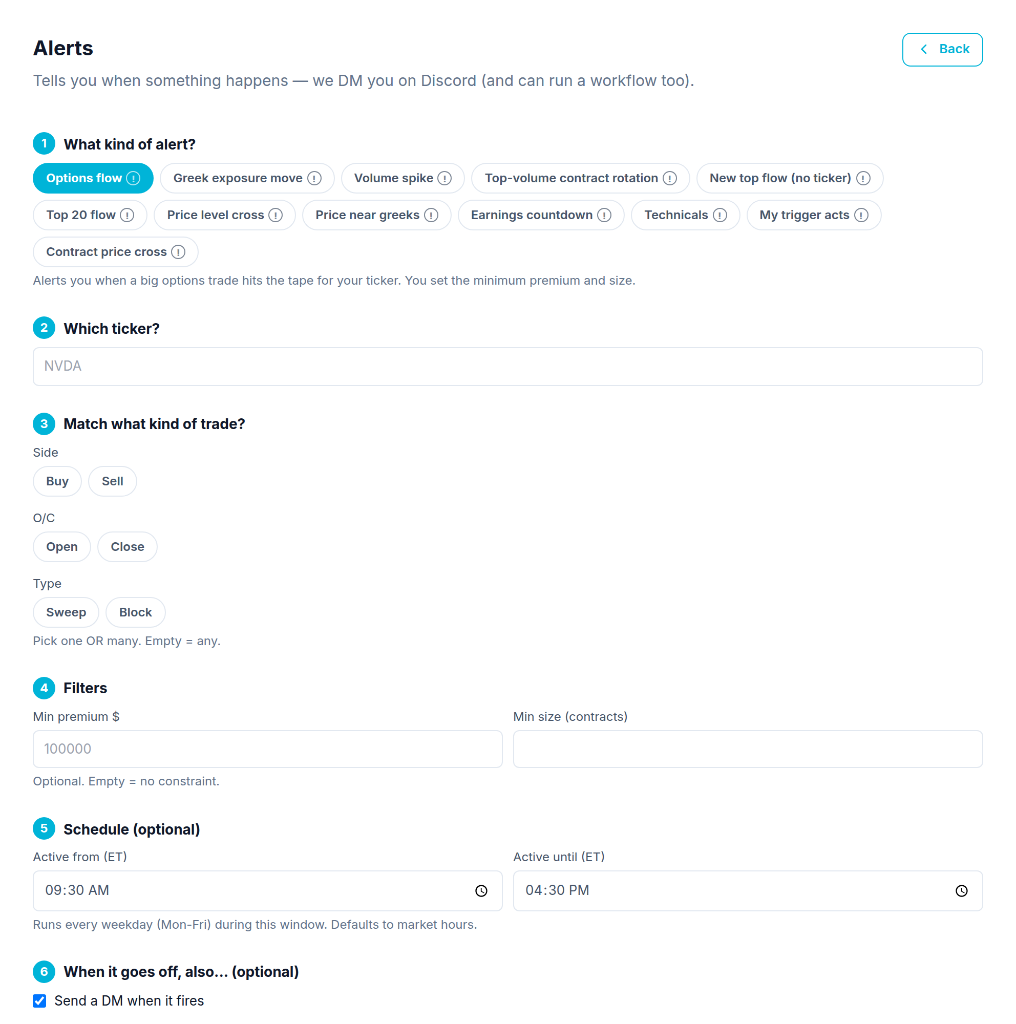 The alert builder: kind, stock, what to match, filters, and window The alert builder: kind, stock, what to match, filters, and window