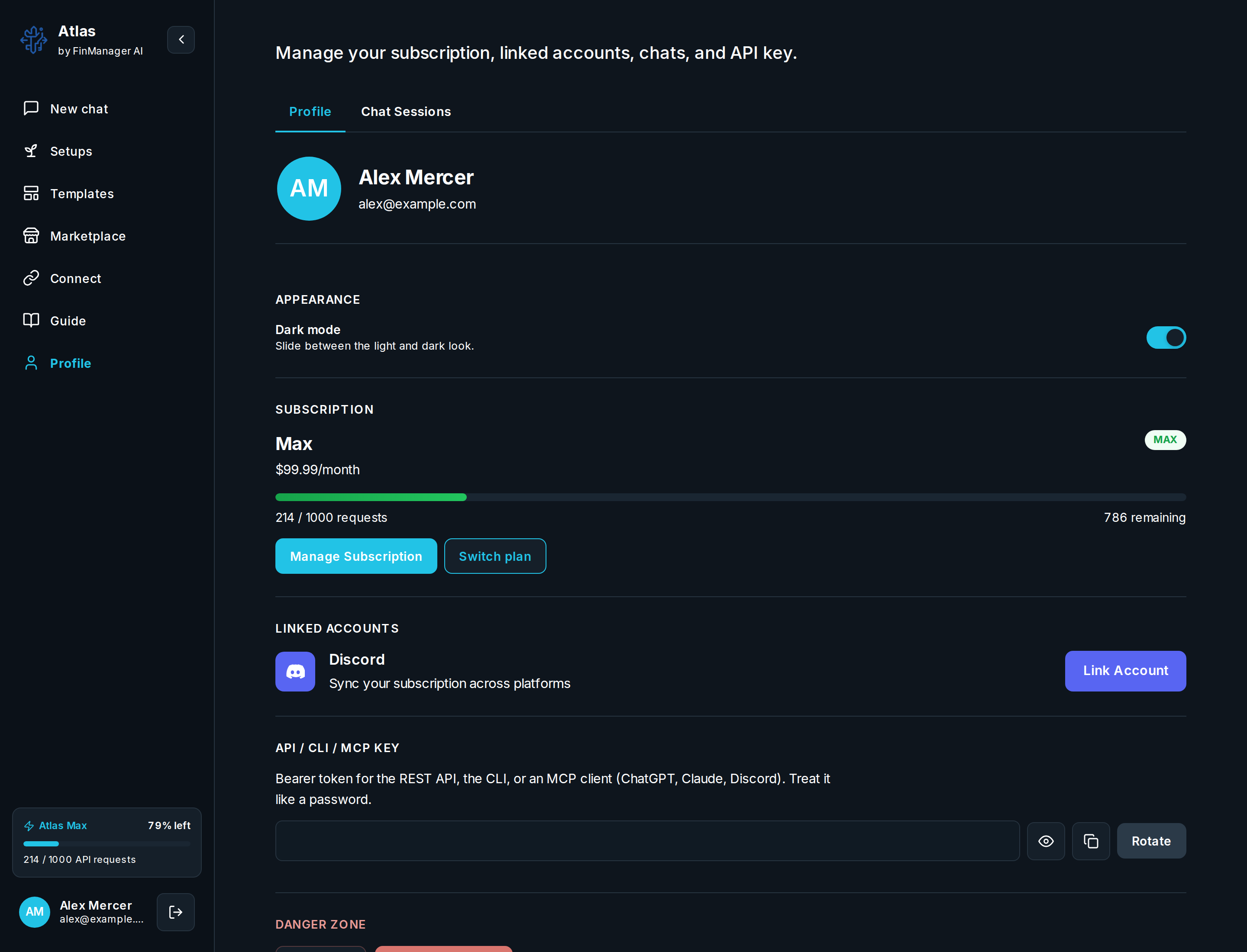 The Profile tab: plan, broker, look, and your key
