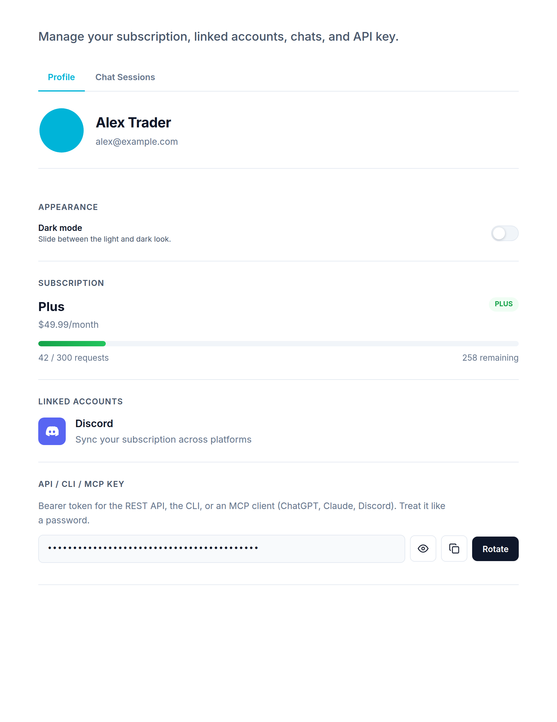 The Profile tab: plan, broker, look, and your key The Profile tab: plan, broker, look, and your key