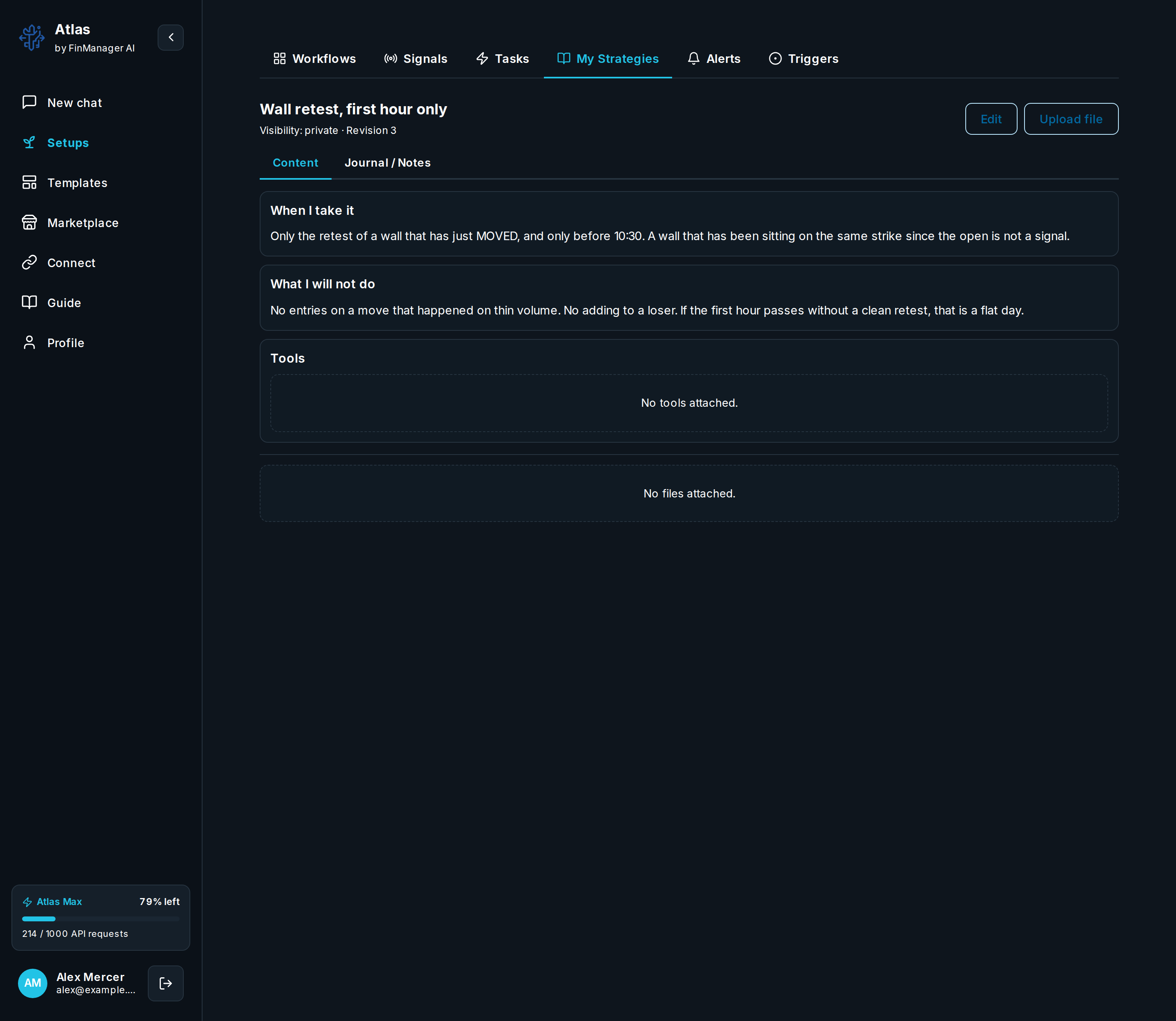 The strategy editor with a title, who can see it, and the content in sections