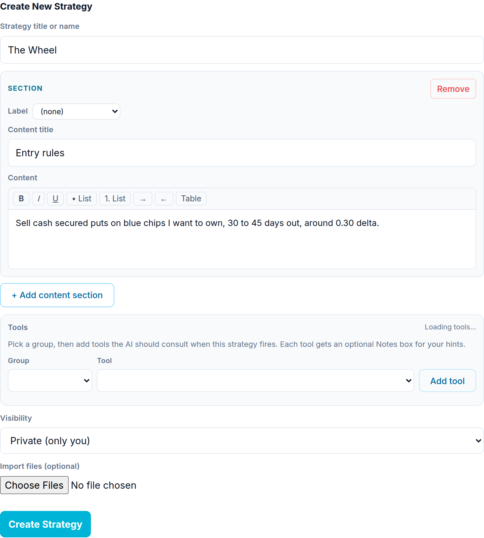 The strategy editor with a title, who can see it, and the content in sections The strategy editor with a title, who can see it, and the content in sections