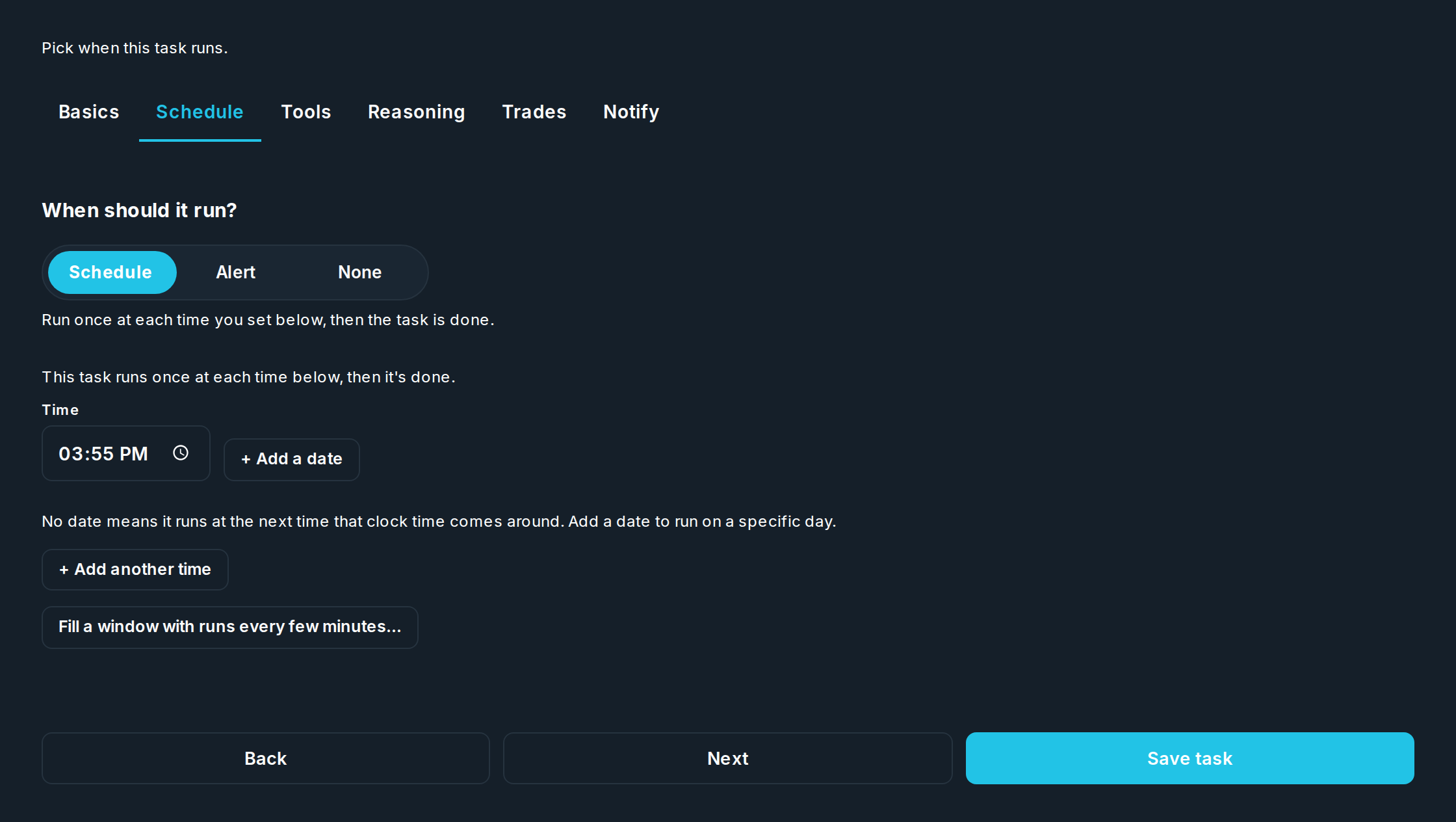 The task form set to run at set times