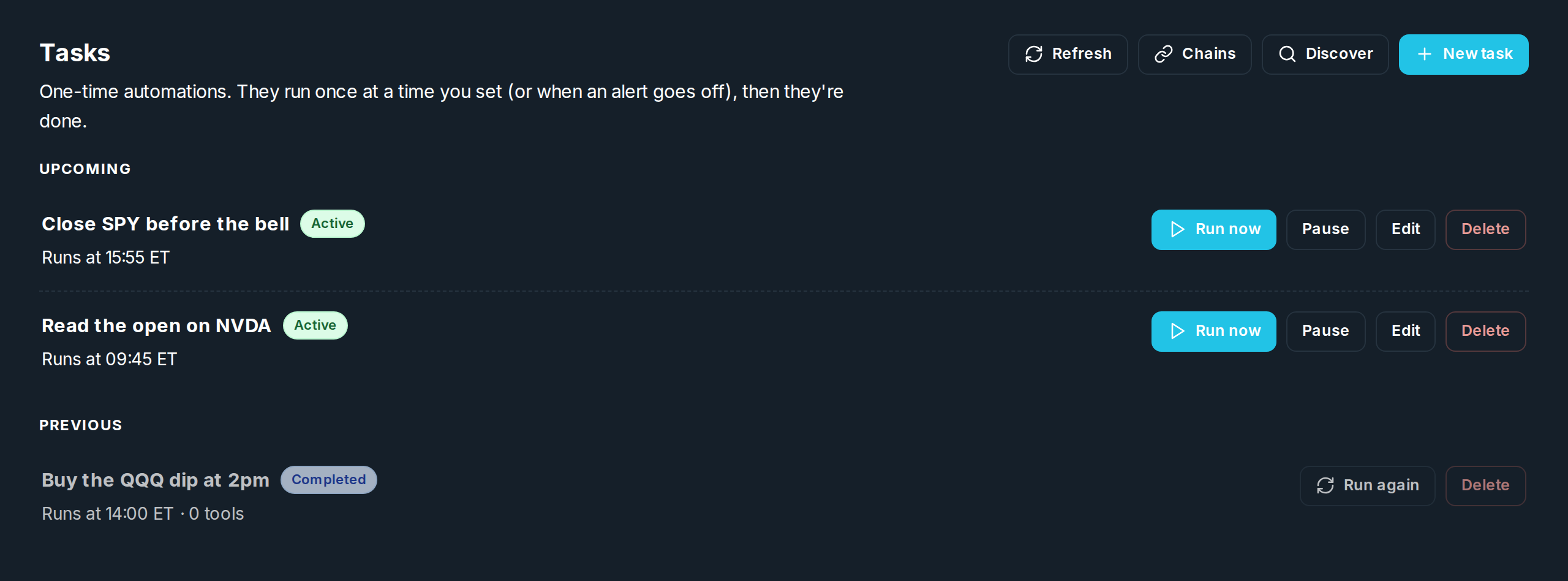 The Tasks tab with Up next and Previous