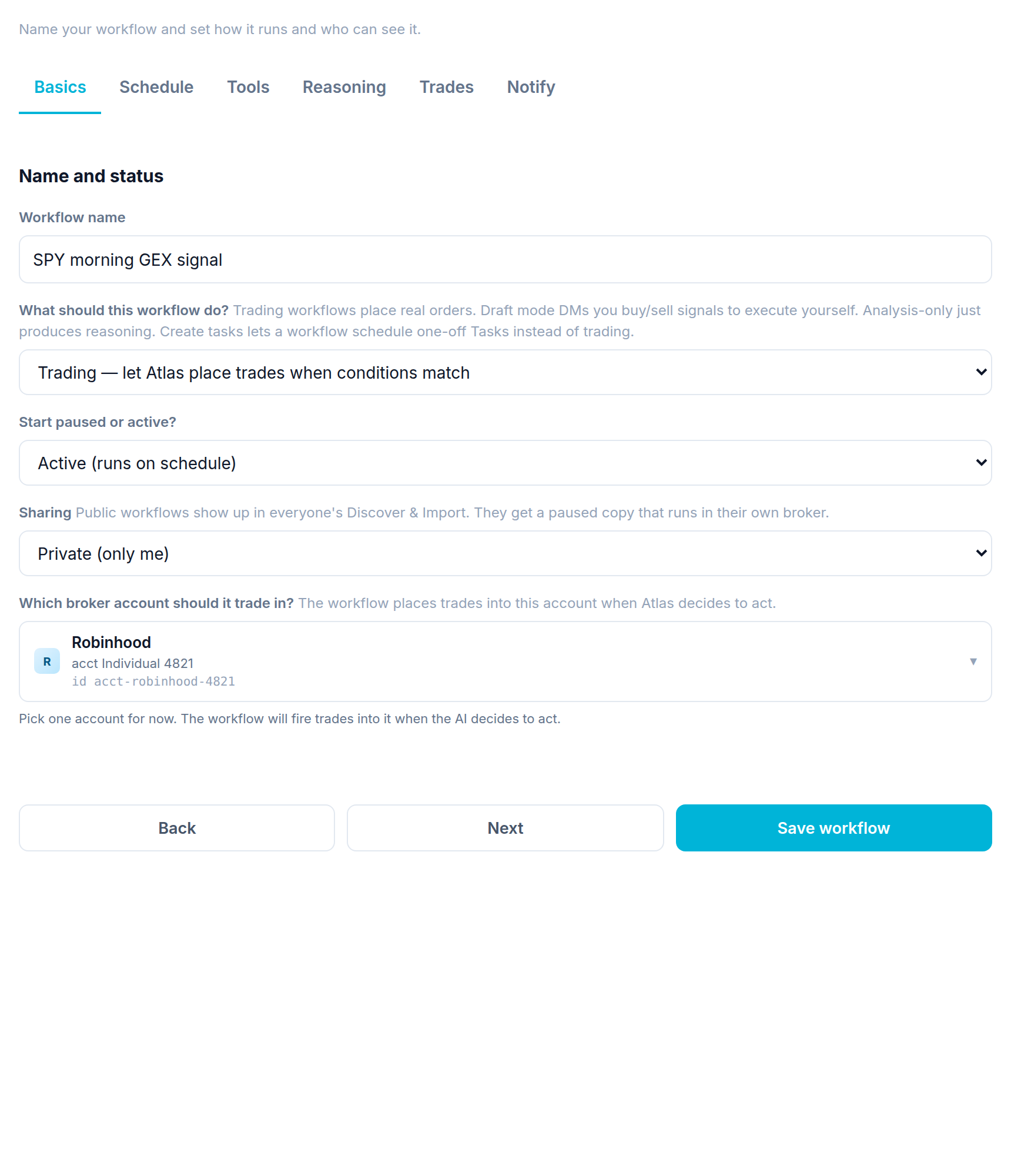The Basics step of the workflow form The Basics step of the workflow form