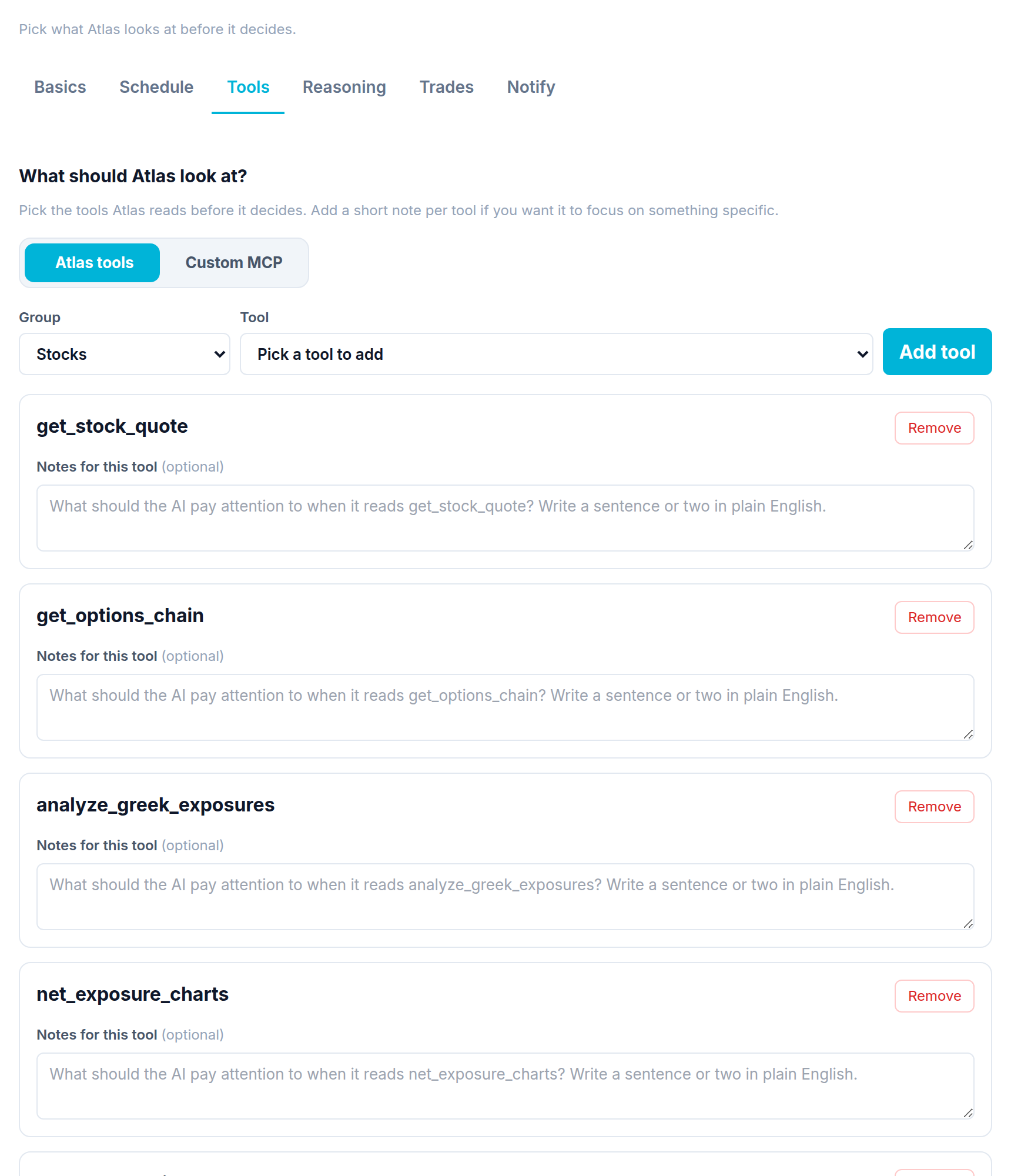 The Tools step: pick the market data tools Atlas can use The Tools step: pick the market data tools Atlas can use