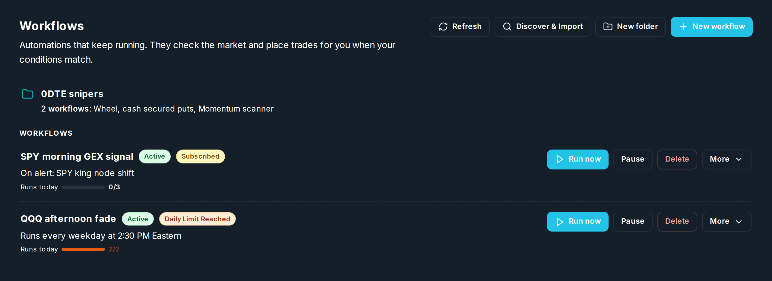 The workflows list with status tags, a daily limit bar, and buttons on each card