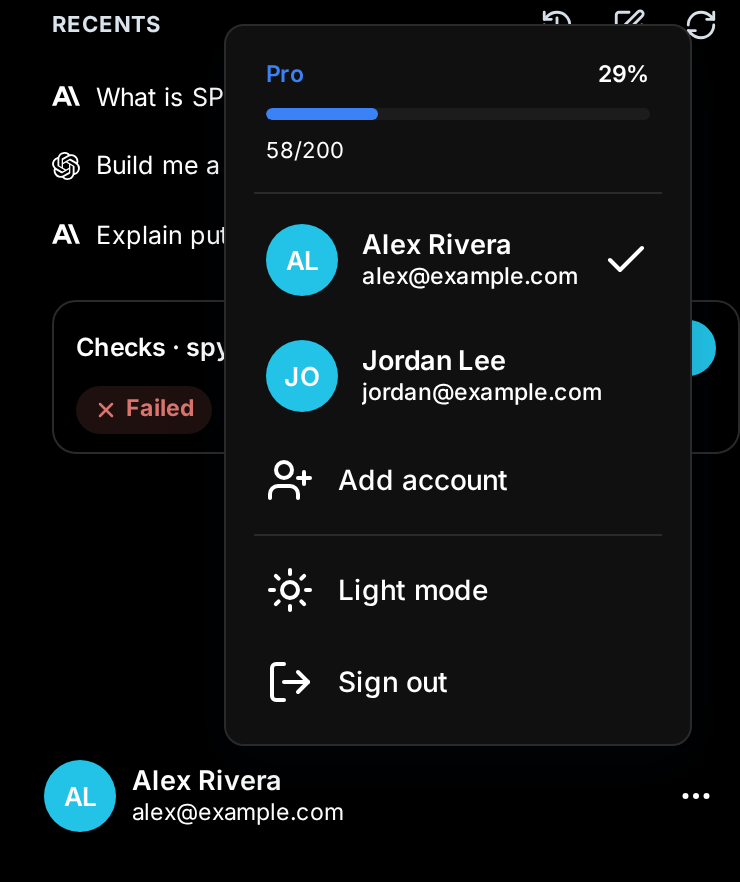The account menu: your accounts, Add account, dark mode and Sign out
