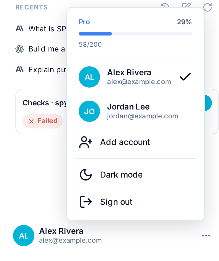 The account menu: your accounts, Add account, dark mode and Sign out