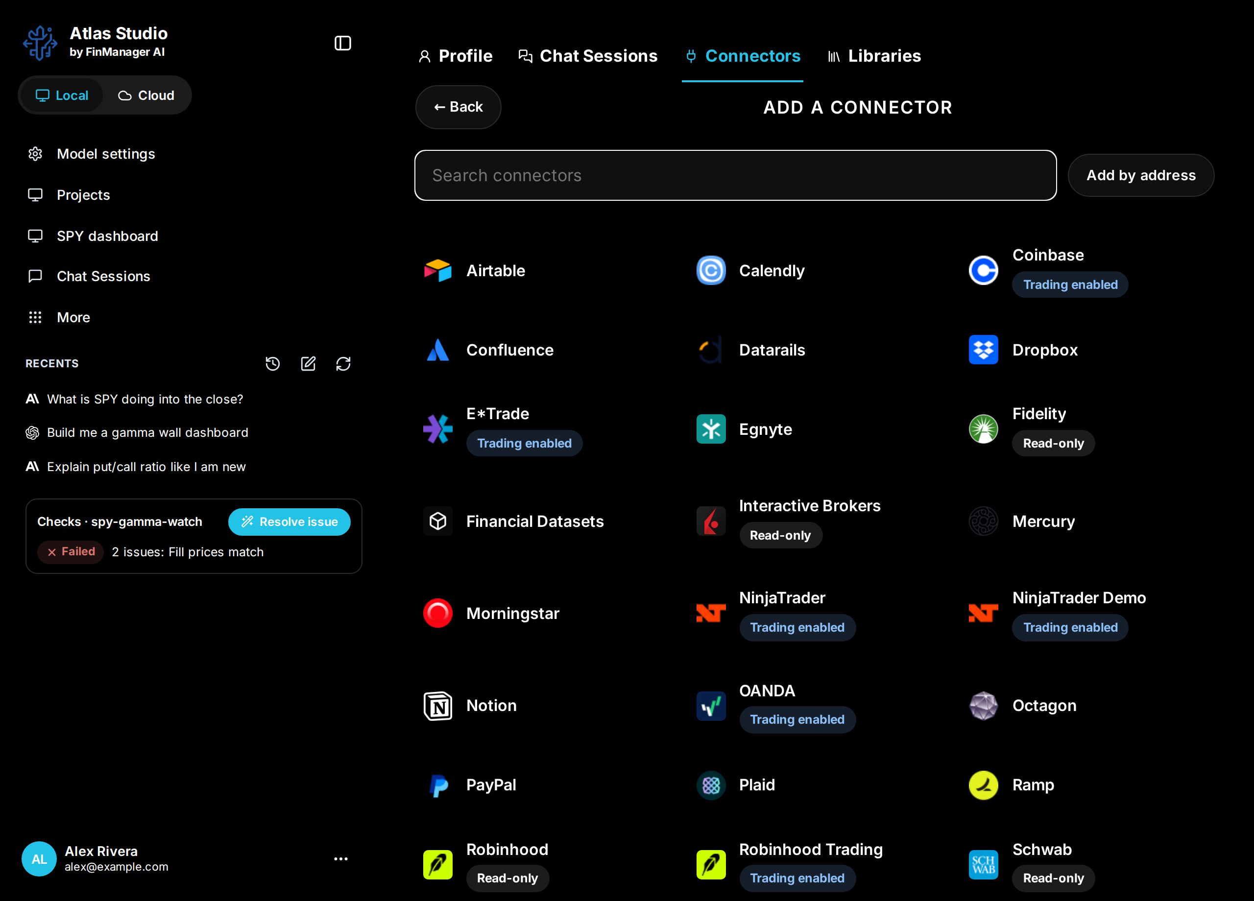 Add a connector: app tiles and broker tiles, each broker marked Trading enabled or Read-only