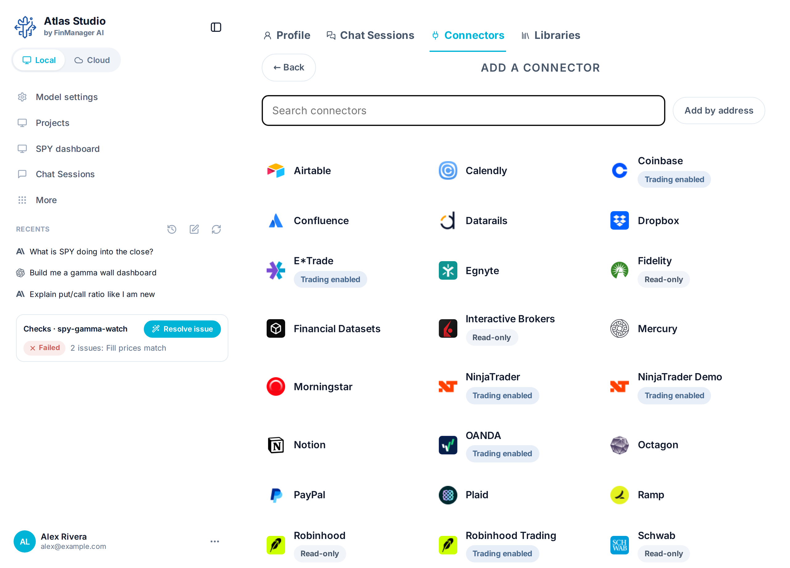 Add a connector: app tiles and broker tiles, each broker marked Trading enabled or Read-only