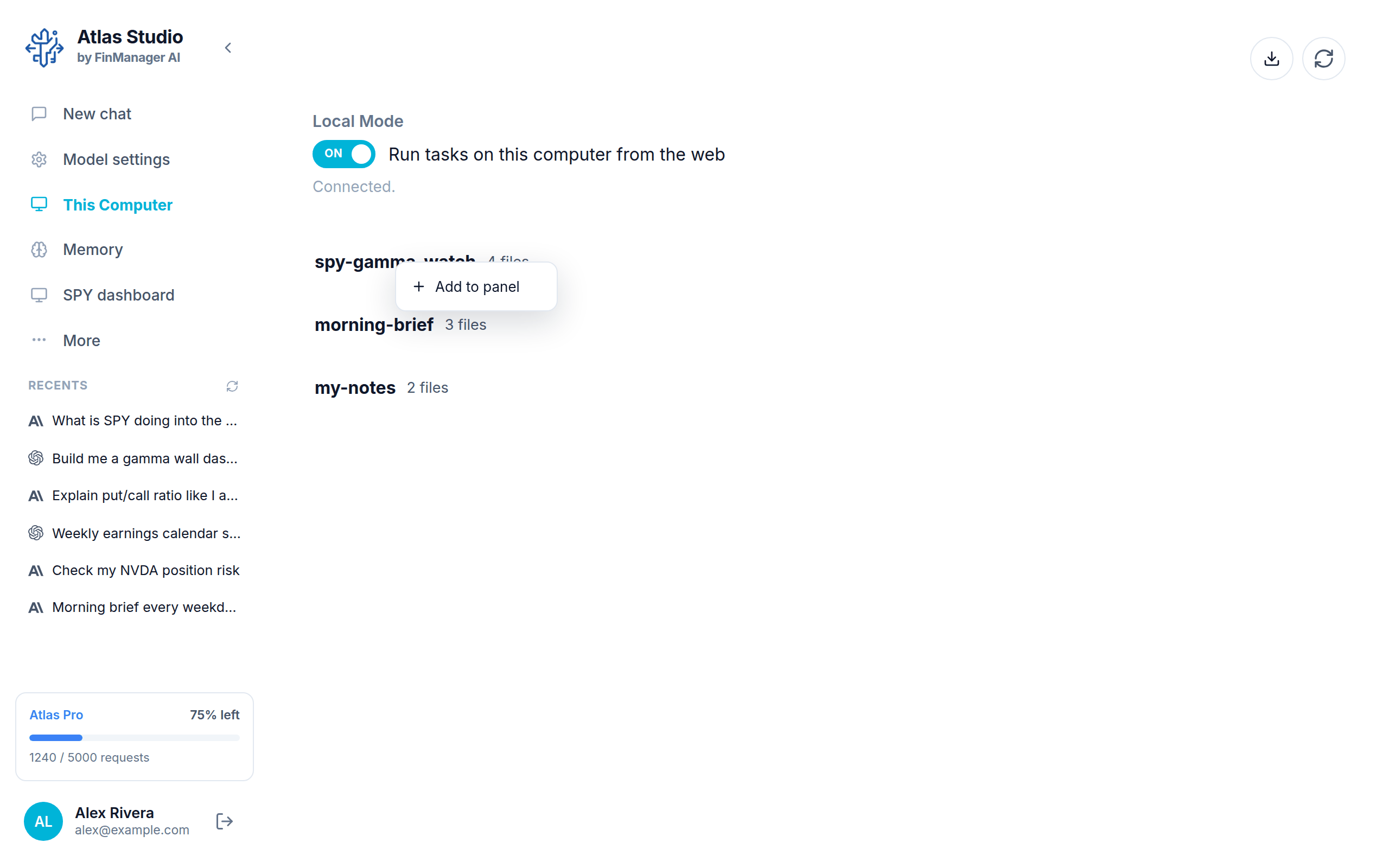 Pinning a project to the menu