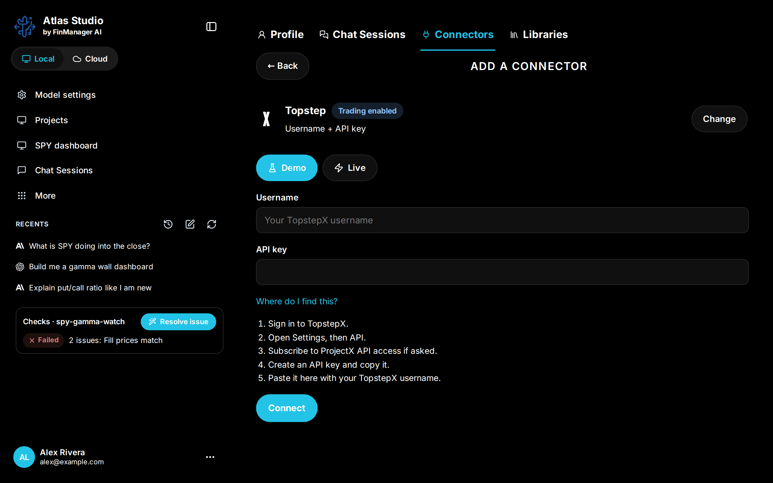 Connecting a broker with a key: Demo or Live, your username and API key, and where to find the key