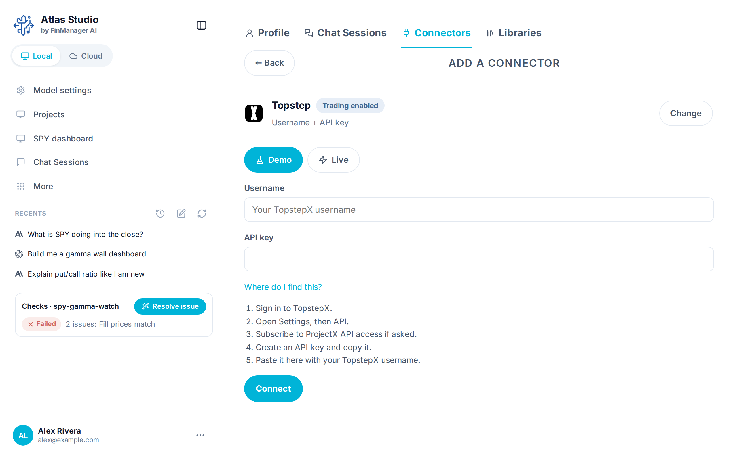 Connecting a broker with a key: Demo or Live, your username and API key, and where to find the key