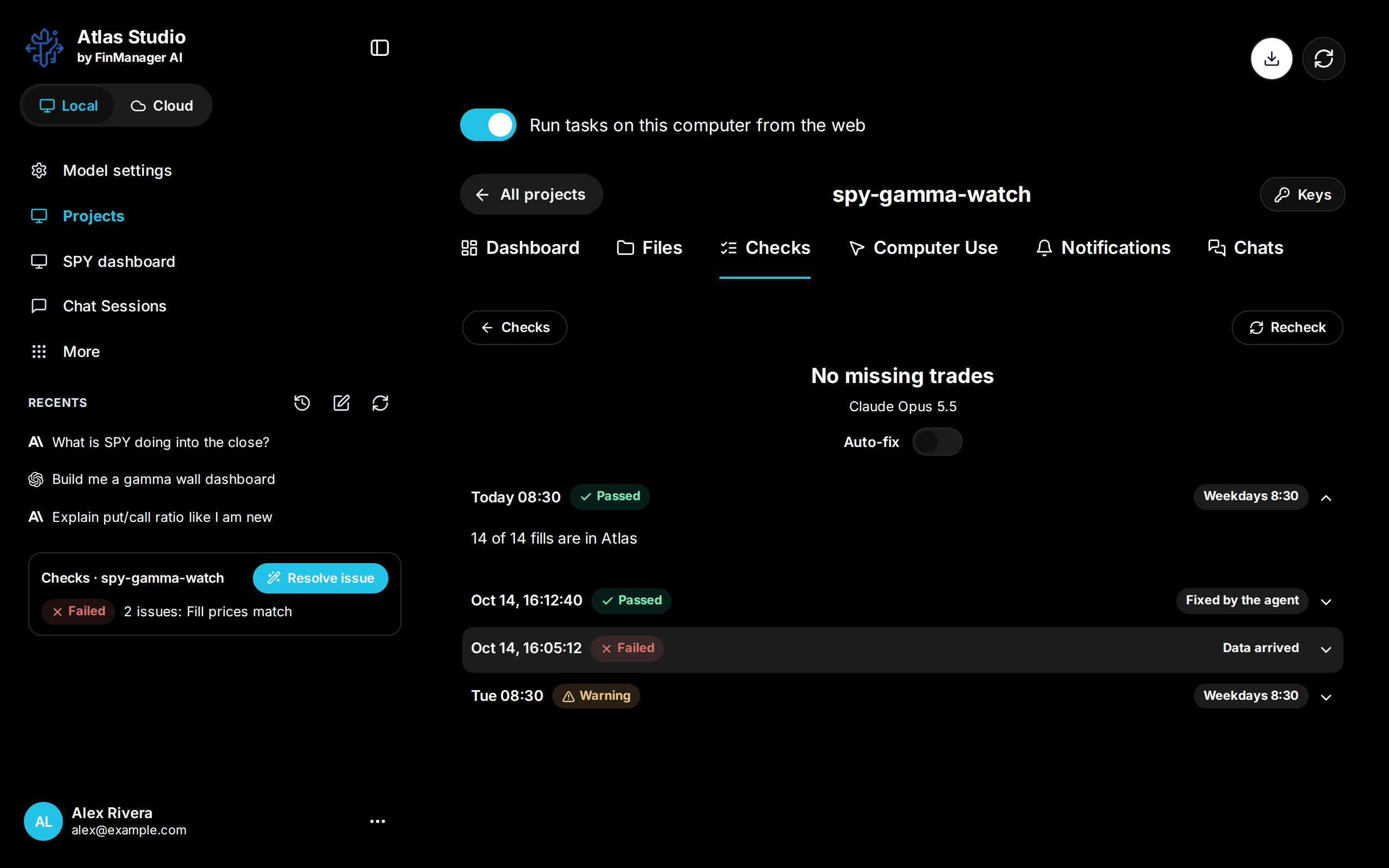 A check's page: its runs, newest first, each with what started it