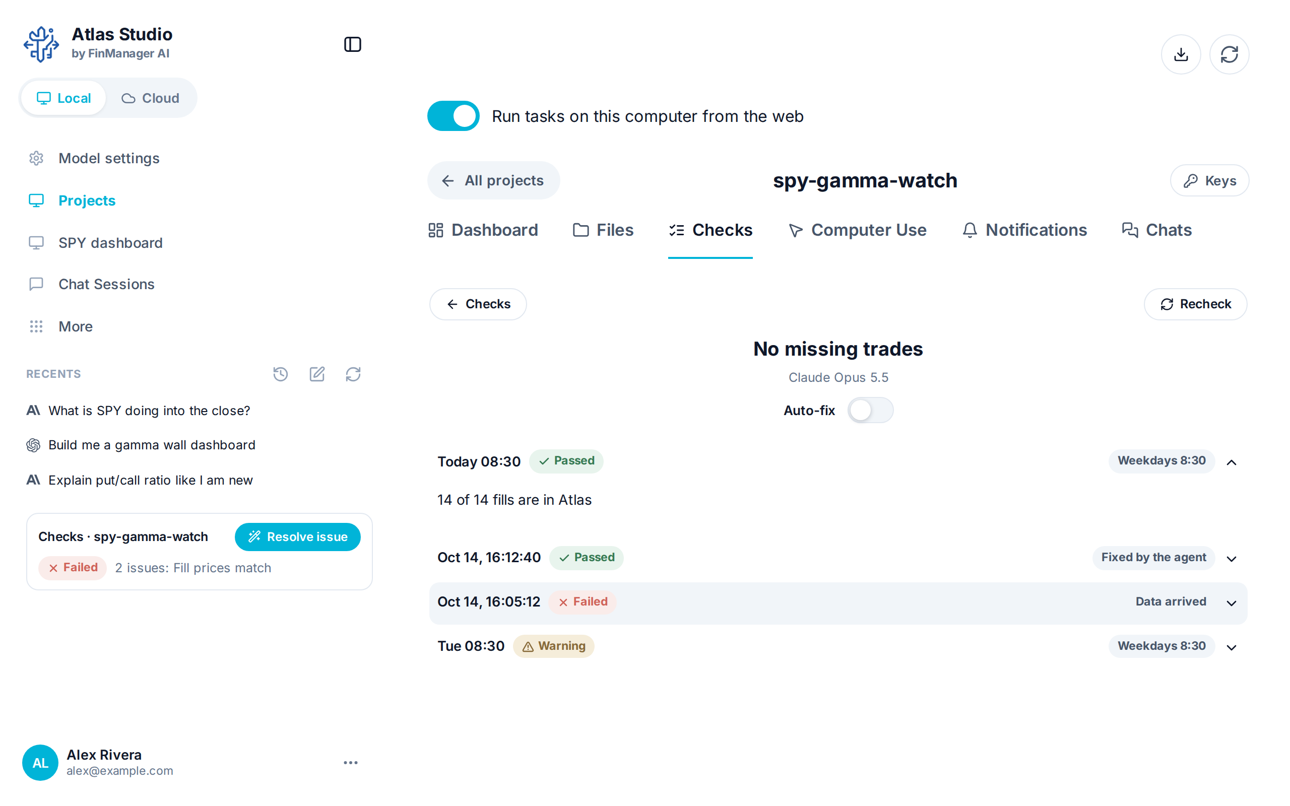 A check's page: its runs, newest first, each with what started it