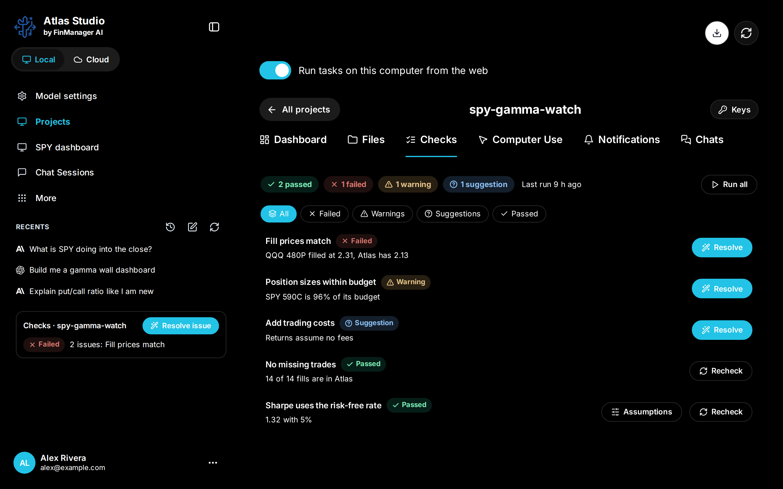 The Checks tab: counts, filters, and each check with its result