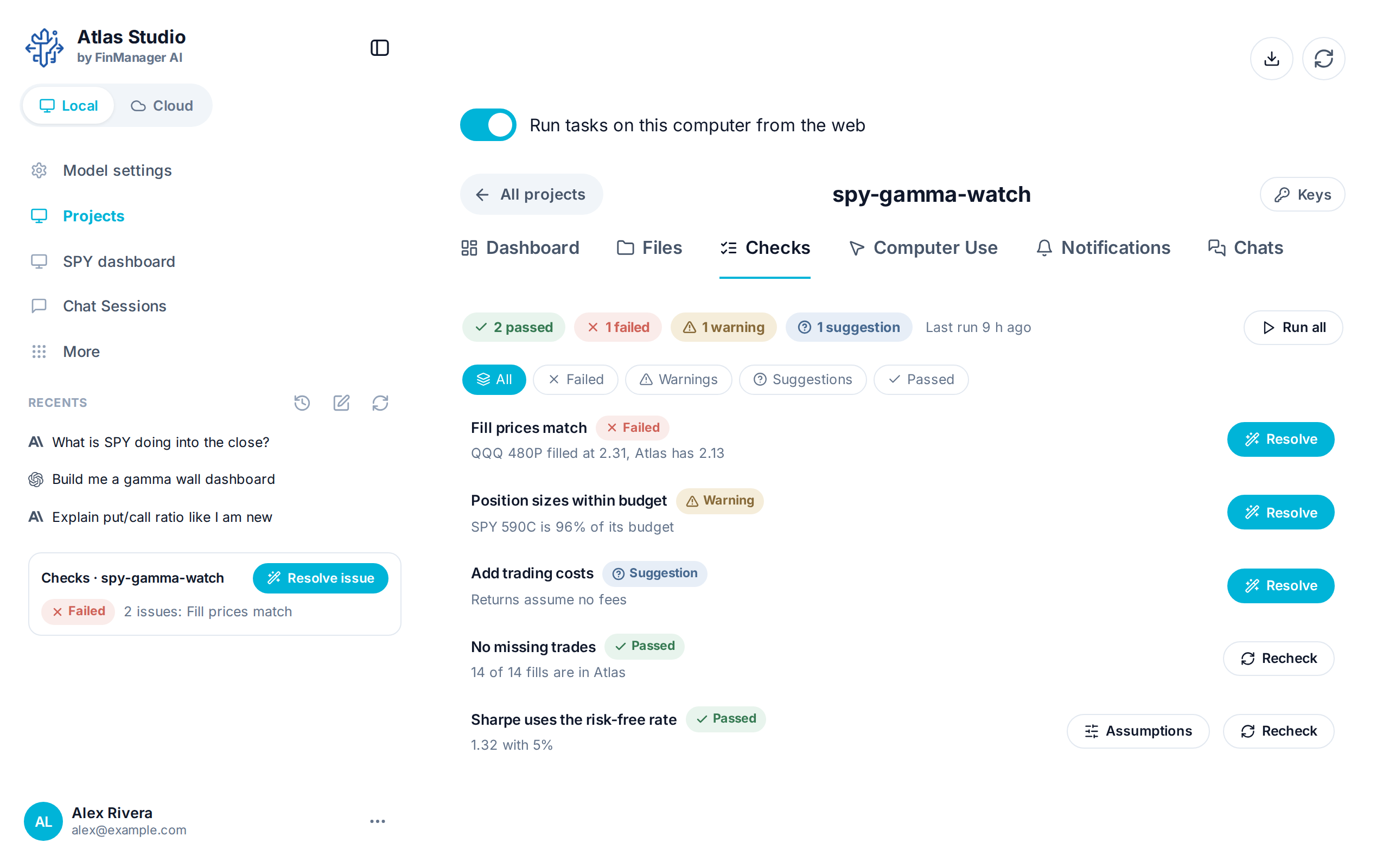 The Checks tab: counts, filters, and each check with its result