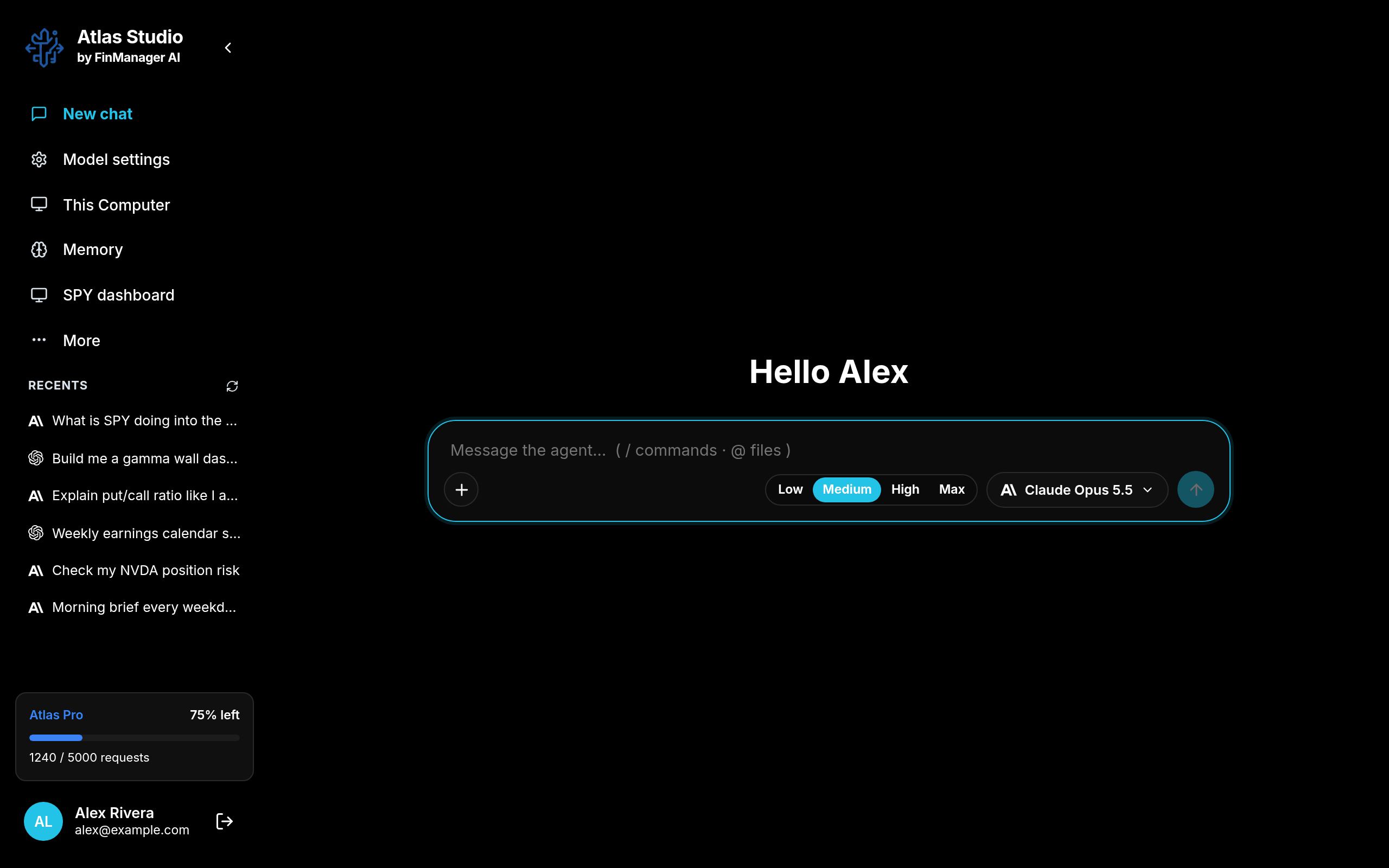 Atlas Studio when you open it: the menu on the left and the chat box in the middle