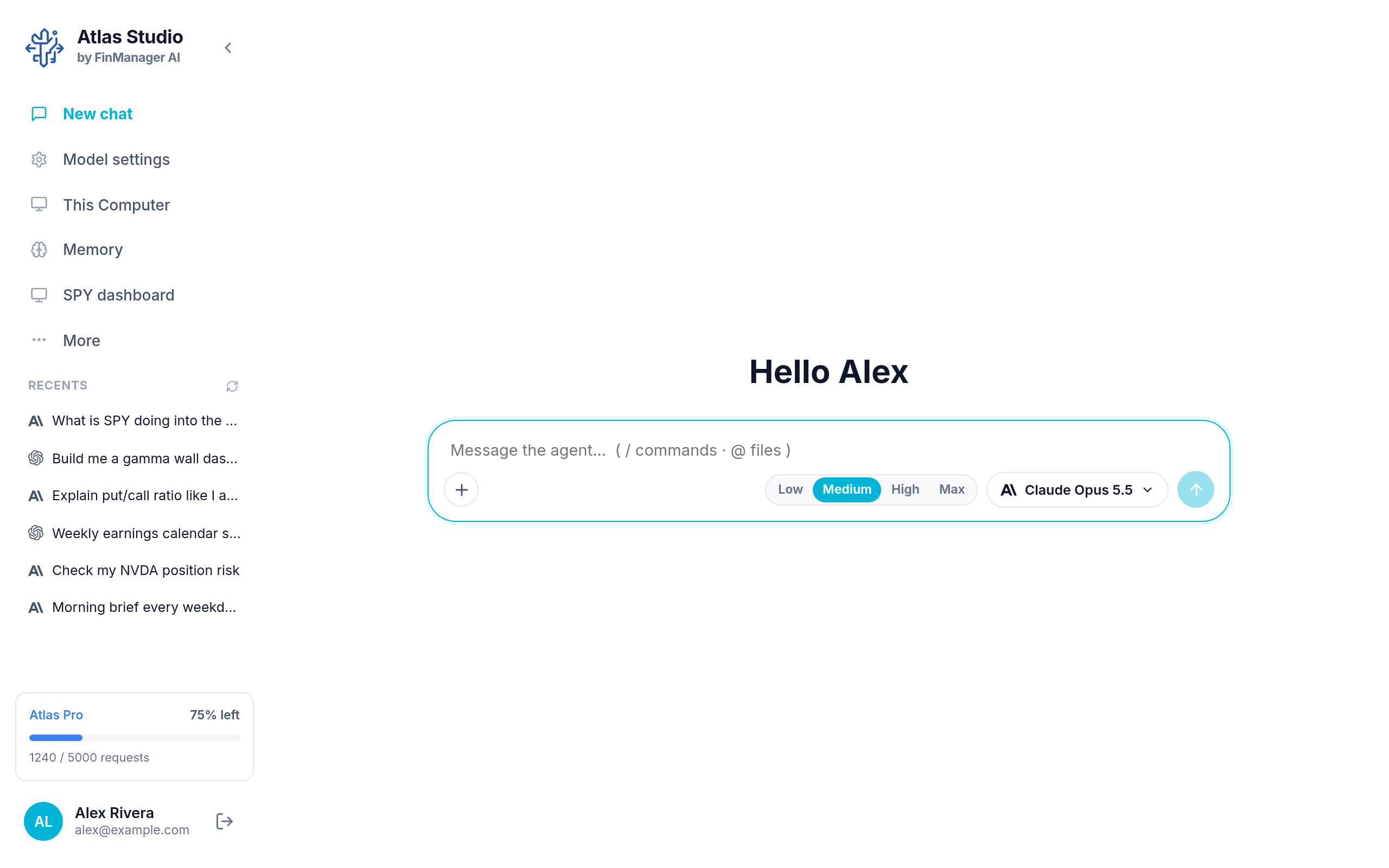 Atlas Studio when you open it: the menu on the left and the chat box in the middle