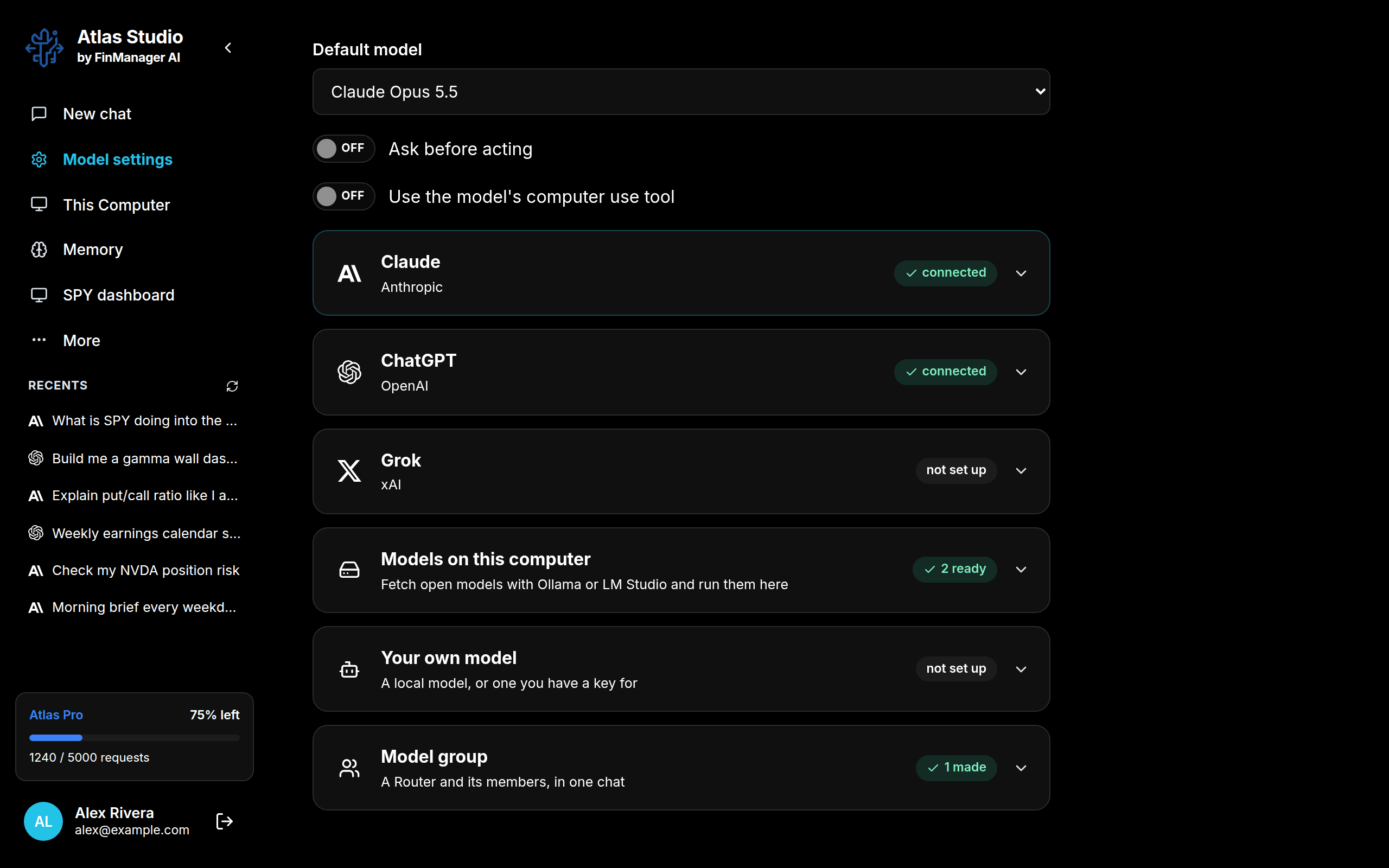 Model settings: the default model, two switches and one row per model