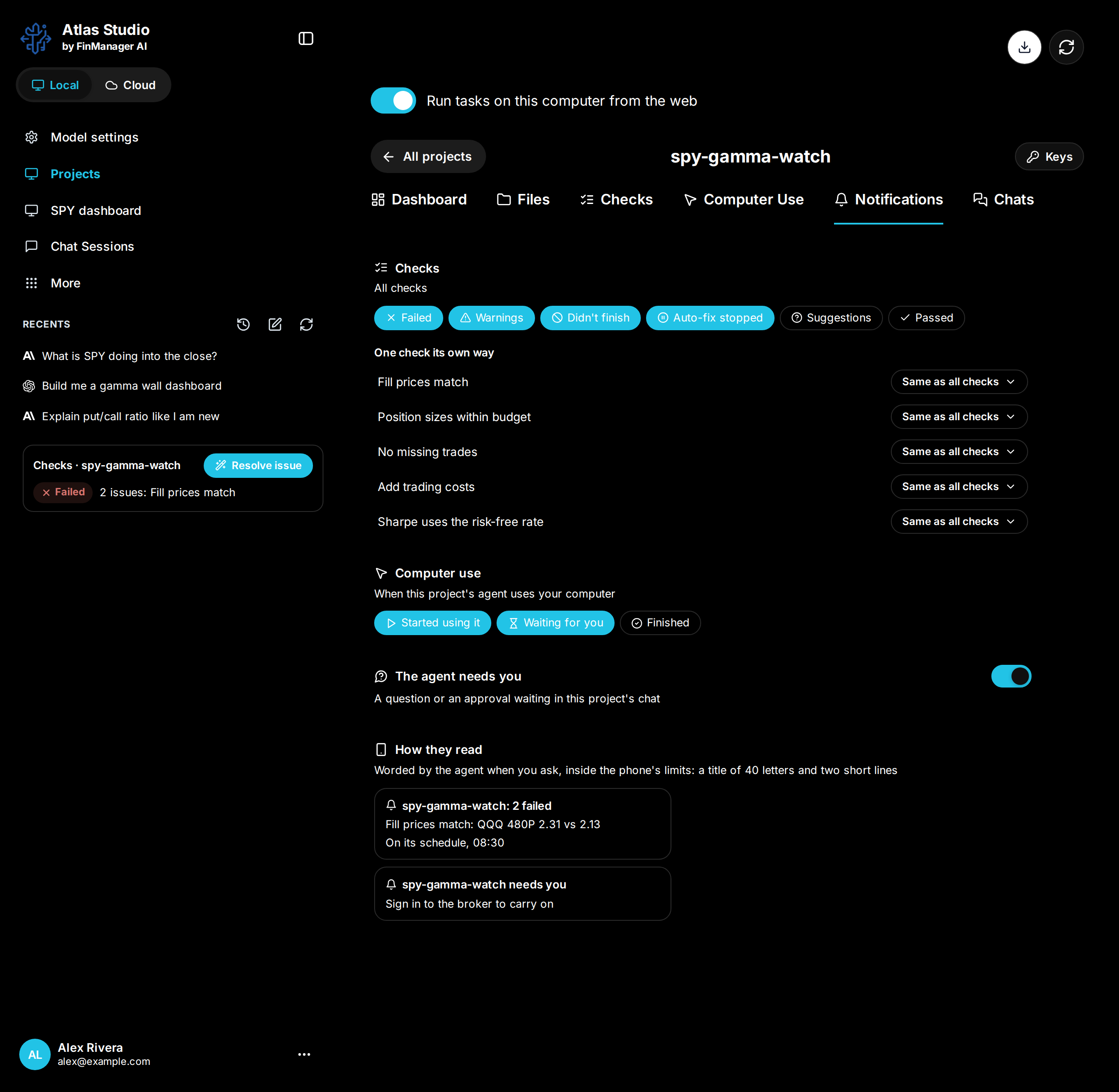 A project's Notifications tab