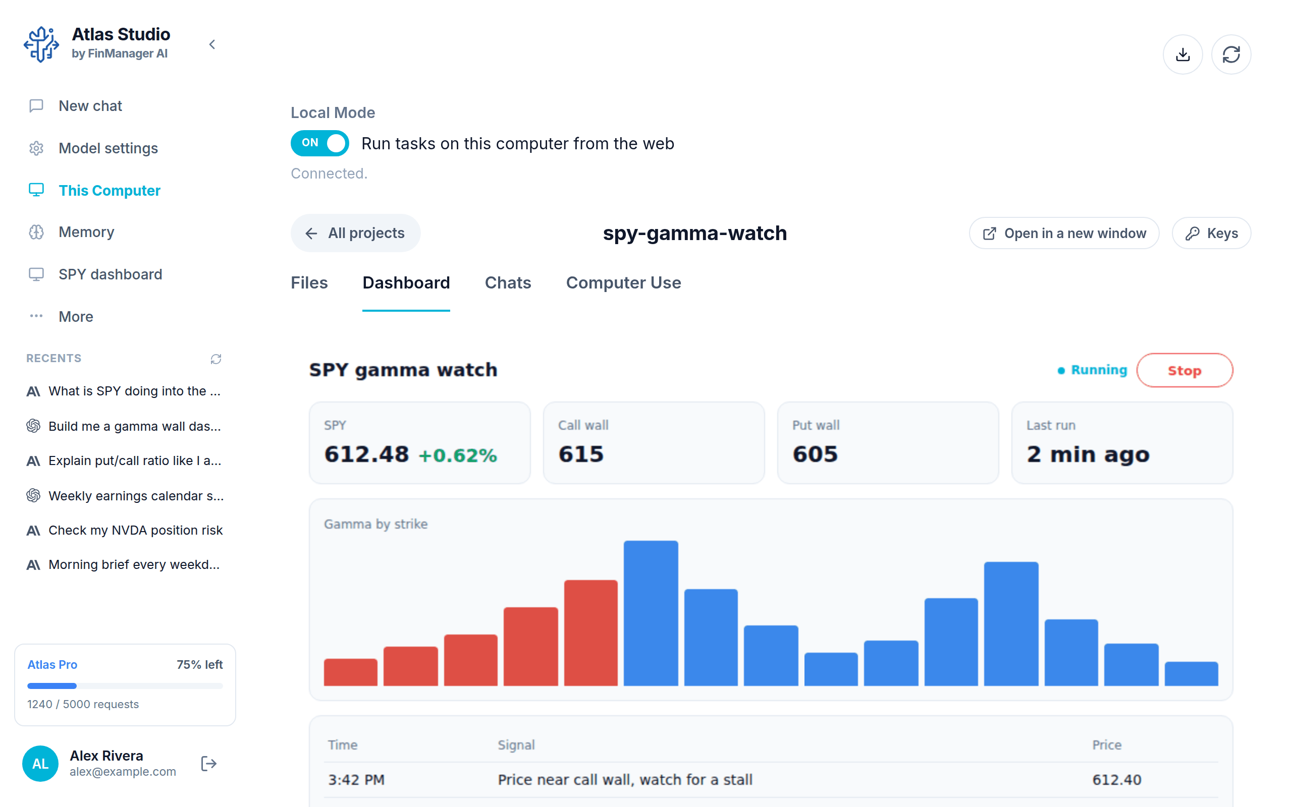 A trading tool built in Atlas Studio, with its own live dashboard