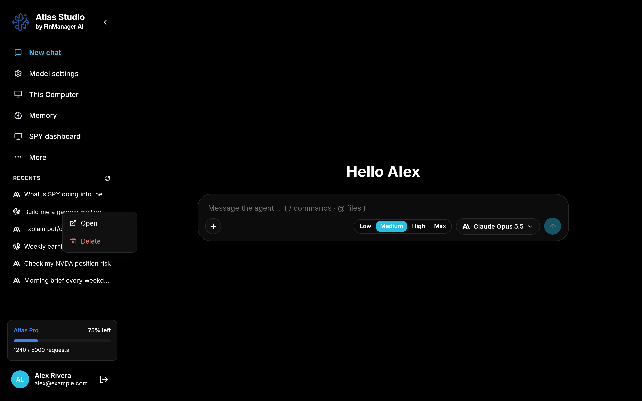 Right click a recent chat to open or delete it Right click a recent chat to open or delete it