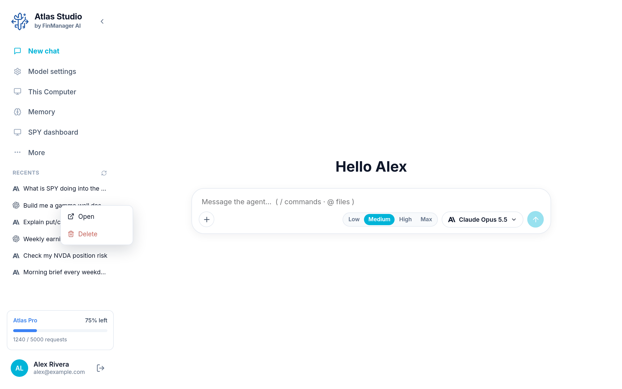Right click a recent chat to open or delete it Right click a recent chat to open or delete it