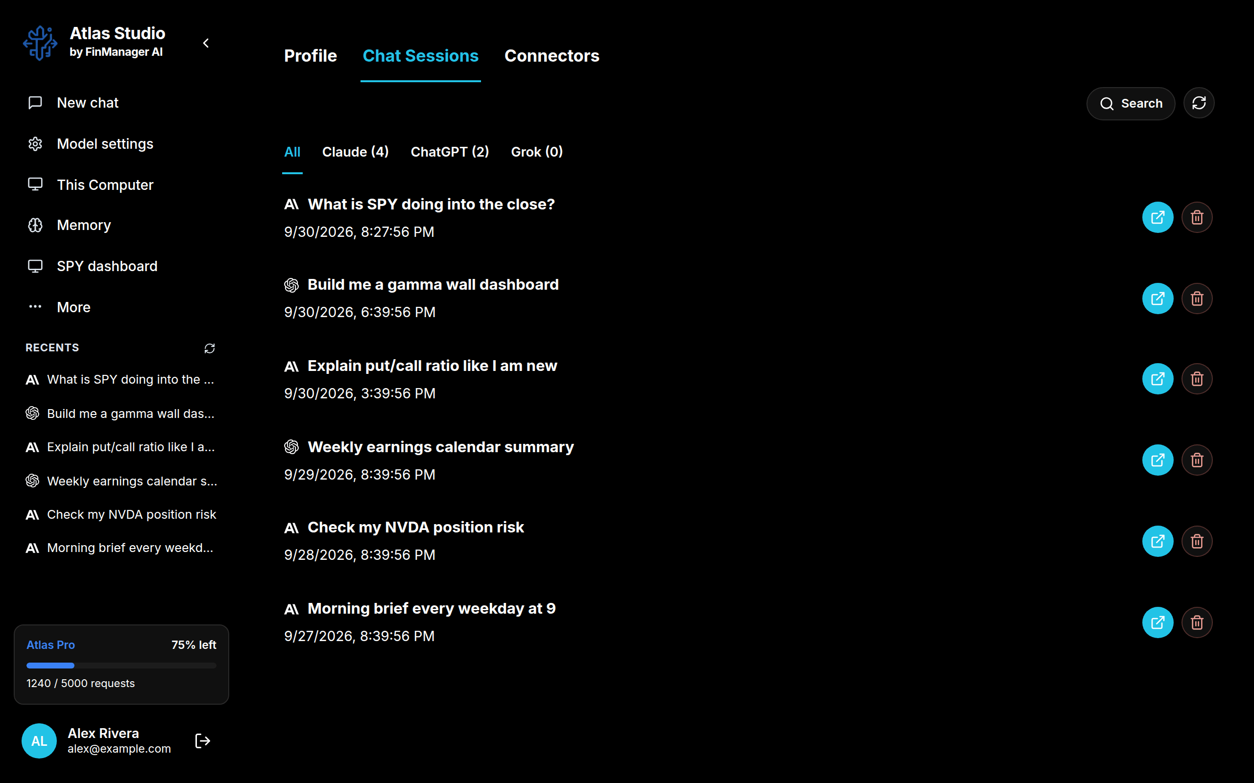 Chat Sessions: every conversation, filtered by model Chat Sessions: every conversation, filtered by model