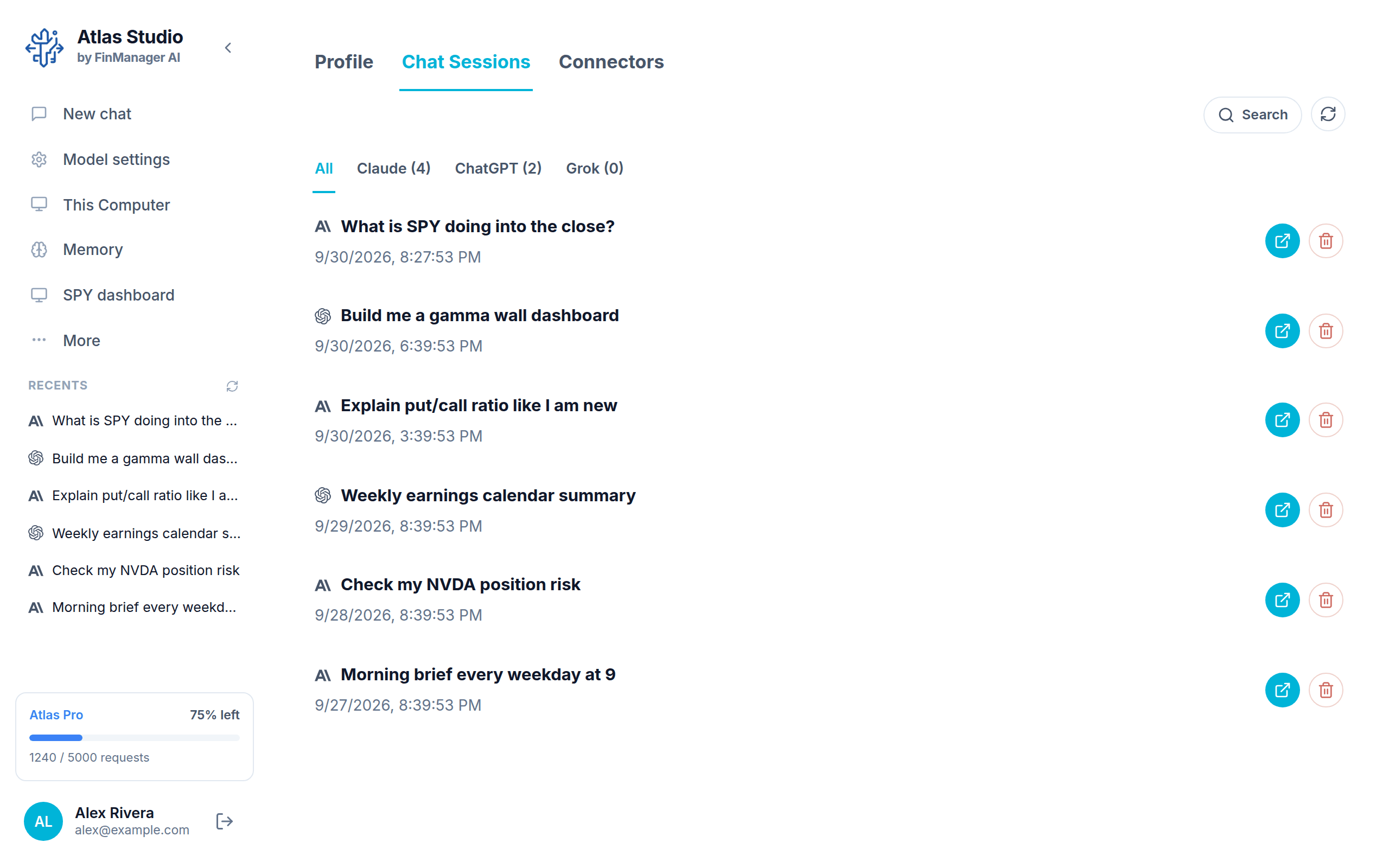 Chat Sessions: every conversation, filtered by model Chat Sessions: every conversation, filtered by model