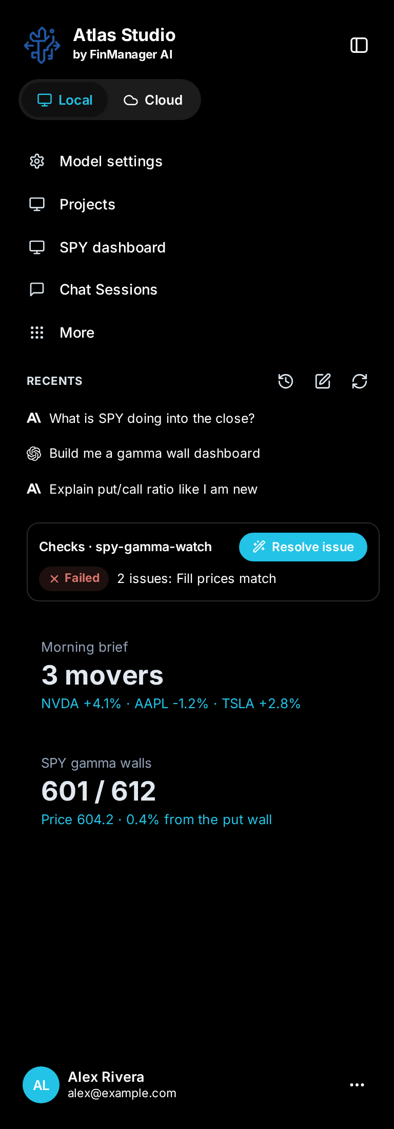 Two widgets under Recents: a morning brief and SPY's gamma walls