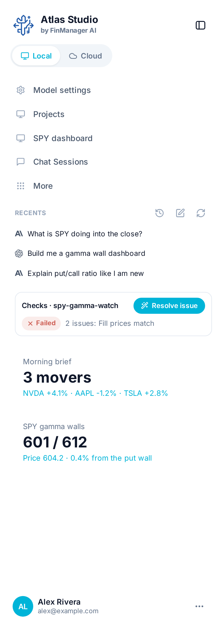 Two widgets under Recents: a morning brief and SPY's gamma walls